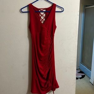 red tank dress, tie back, and Roush tie side.